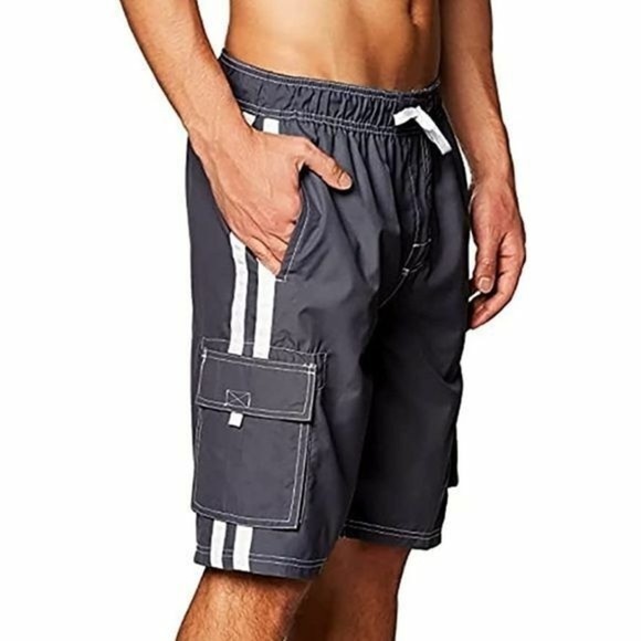 Men Quick Dry Lined Swim Trunks Gray Sz L Stripes Shorts Kanu Surf - Picture 4 of 13